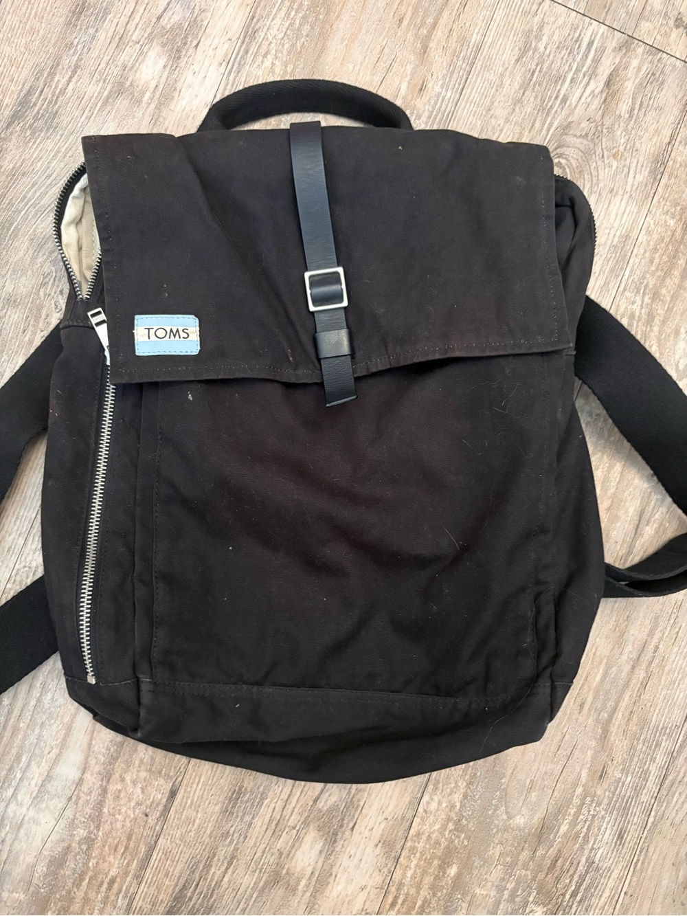 TOMS Black Canvas Backpack with Front Buckle and Zipper